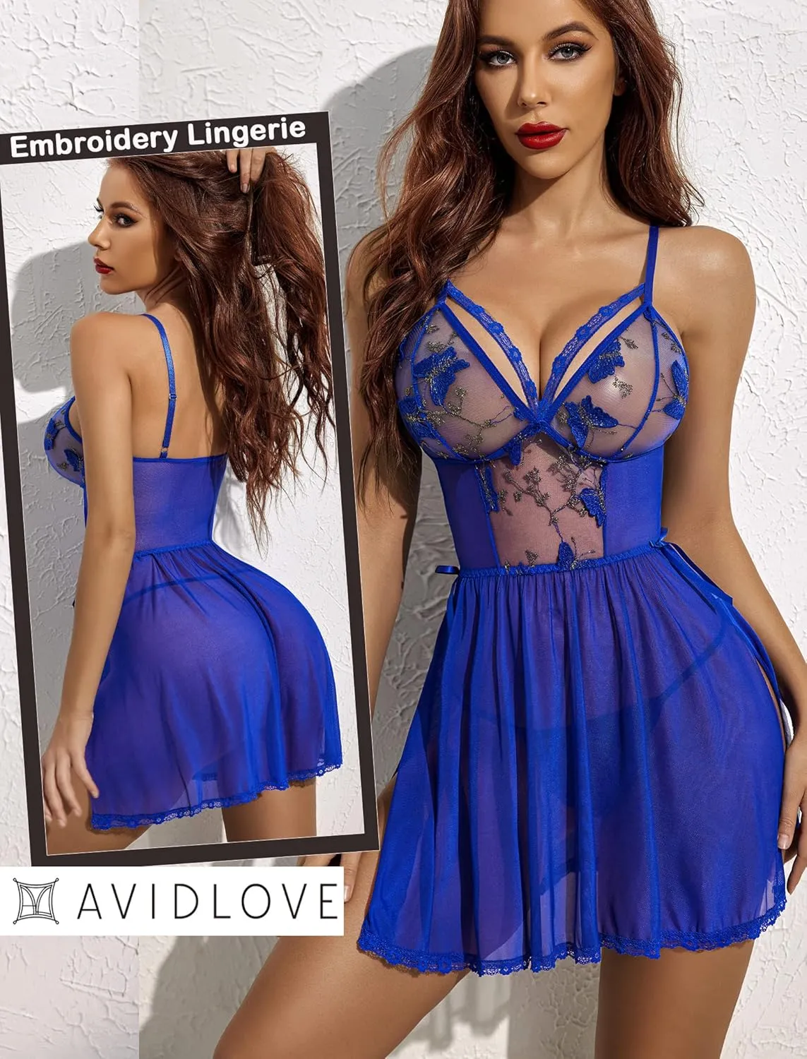 Avidlove Women's Lingerie Lace Chemise Floral Embroidery Mesh Babydoll Side Slit Sleepwear