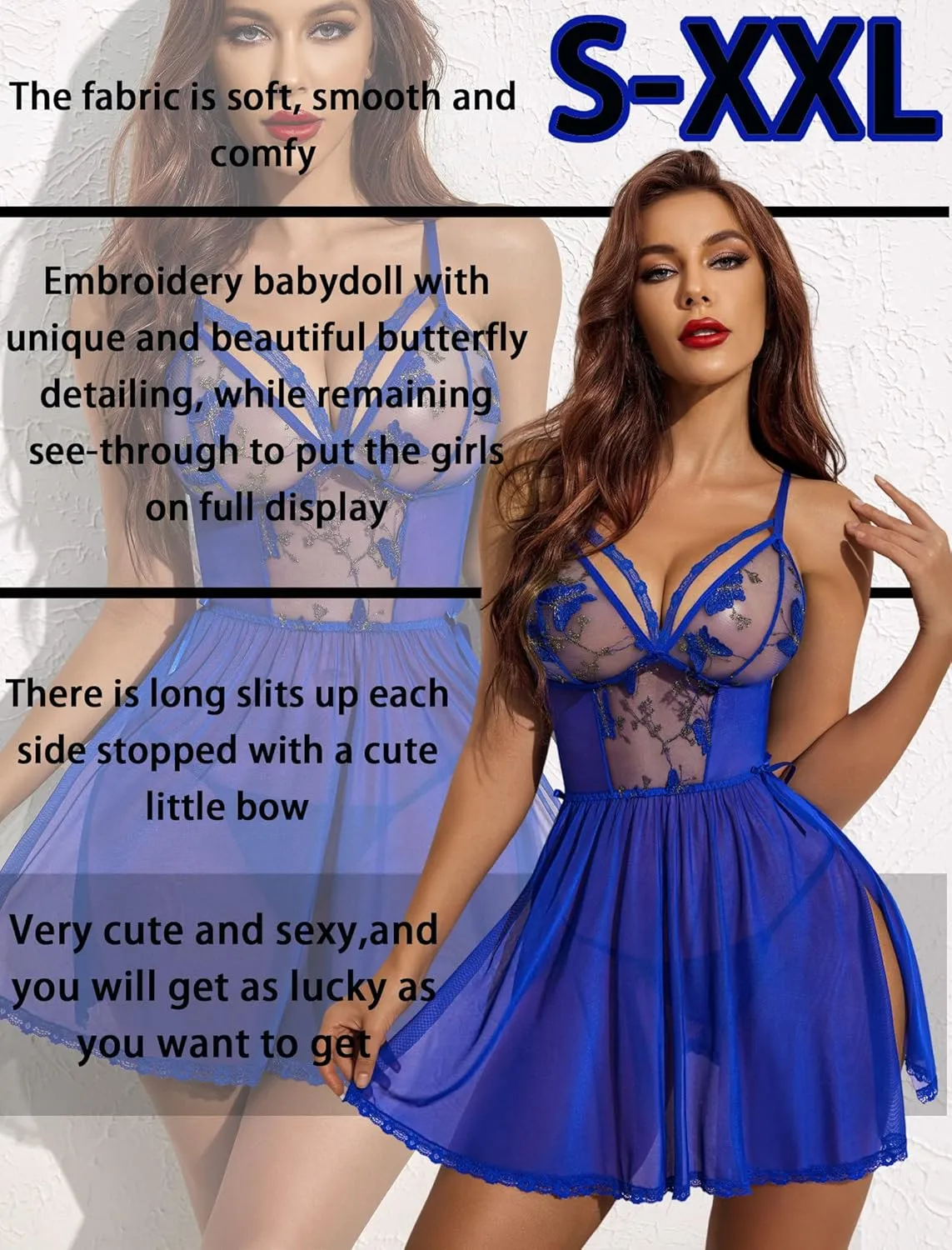 Avidlove Women's Lingerie Lace Chemise Floral Embroidery Mesh Babydoll Side Slit Sleepwear