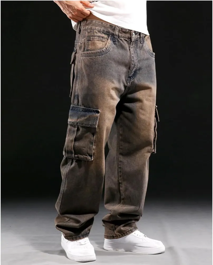 Baggy Cargo Pants Men Casual Loose Fit Hip Hop Jeans with Multi Pockets