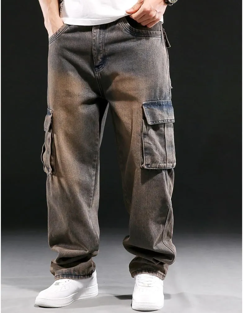 Baggy Cargo Pants Men Casual Loose Fit Hip Hop Jeans with Multi Pockets