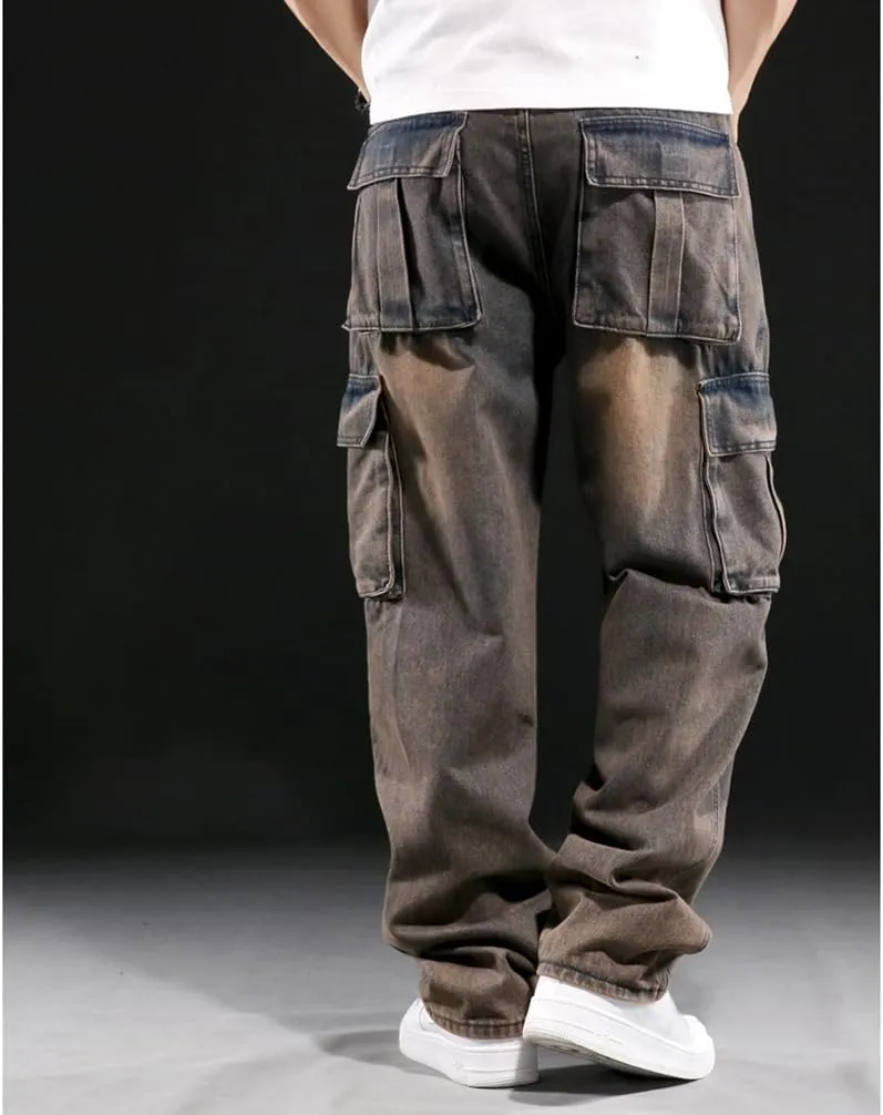 Baggy Cargo Pants Men Casual Loose Fit Hip Hop Jeans with Multi Pockets
