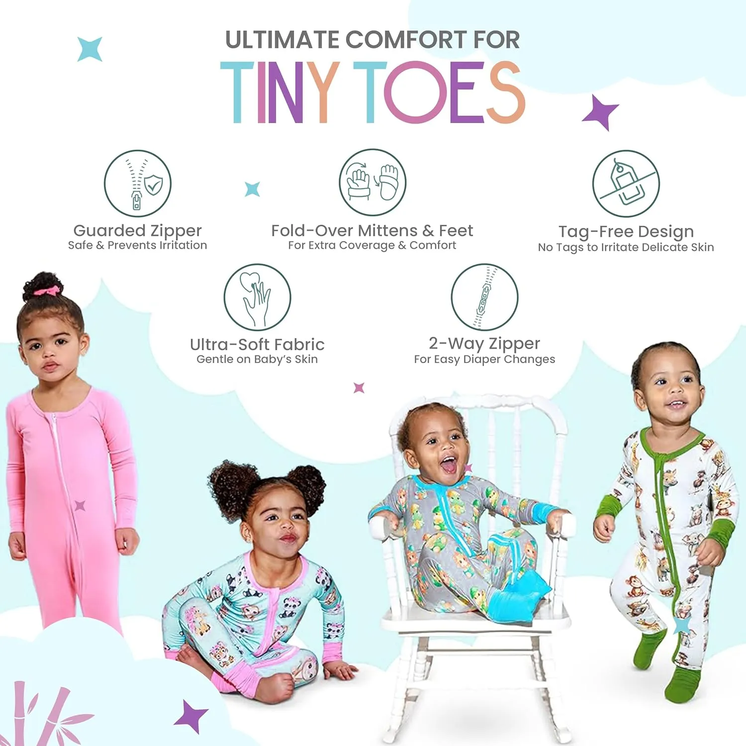 Bamboo Viscose Baby Pajamas with 2-Way Zip for Diaper Changes - 0-24 Months Soft & Stretchy Bamboo Viscose Sleepers - 2 Pack