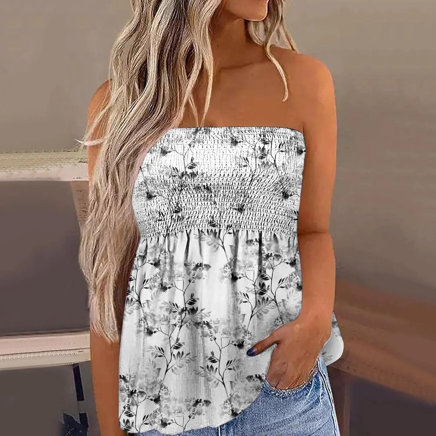 Bandeau Tops for Women Strapless Sleeveless Bandeau Floral Print Smocked Ruffled Tanks Casual Cute Tube Tops