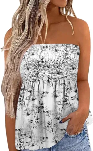 Bandeau Tops for Women Strapless Sleeveless Bandeau Floral Print Smocked Ruffled Tanks Casual Cute Tube Tops