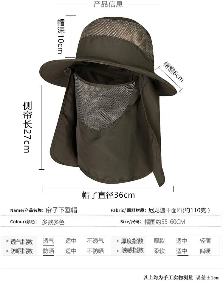 BaronHong Outdoor UV Sun Protection Wide Brim Fishing Cap with Removable Flap Breathable Mesh Face Flap