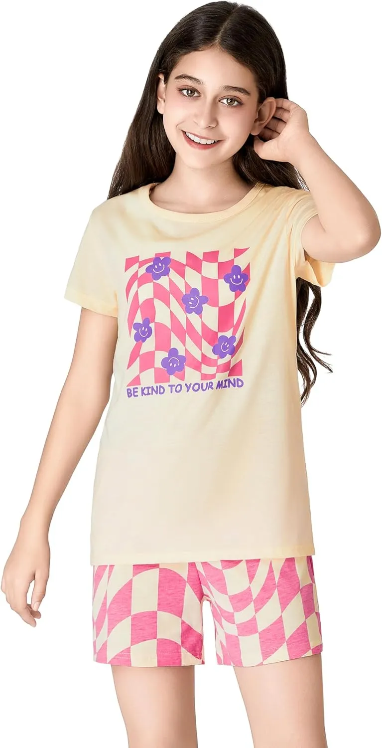 Beezizac Girls Cotton Sleepover Pajama Set for Little & Big Girls Short Sleeve Set 2-Piece PJ Size 4T-18