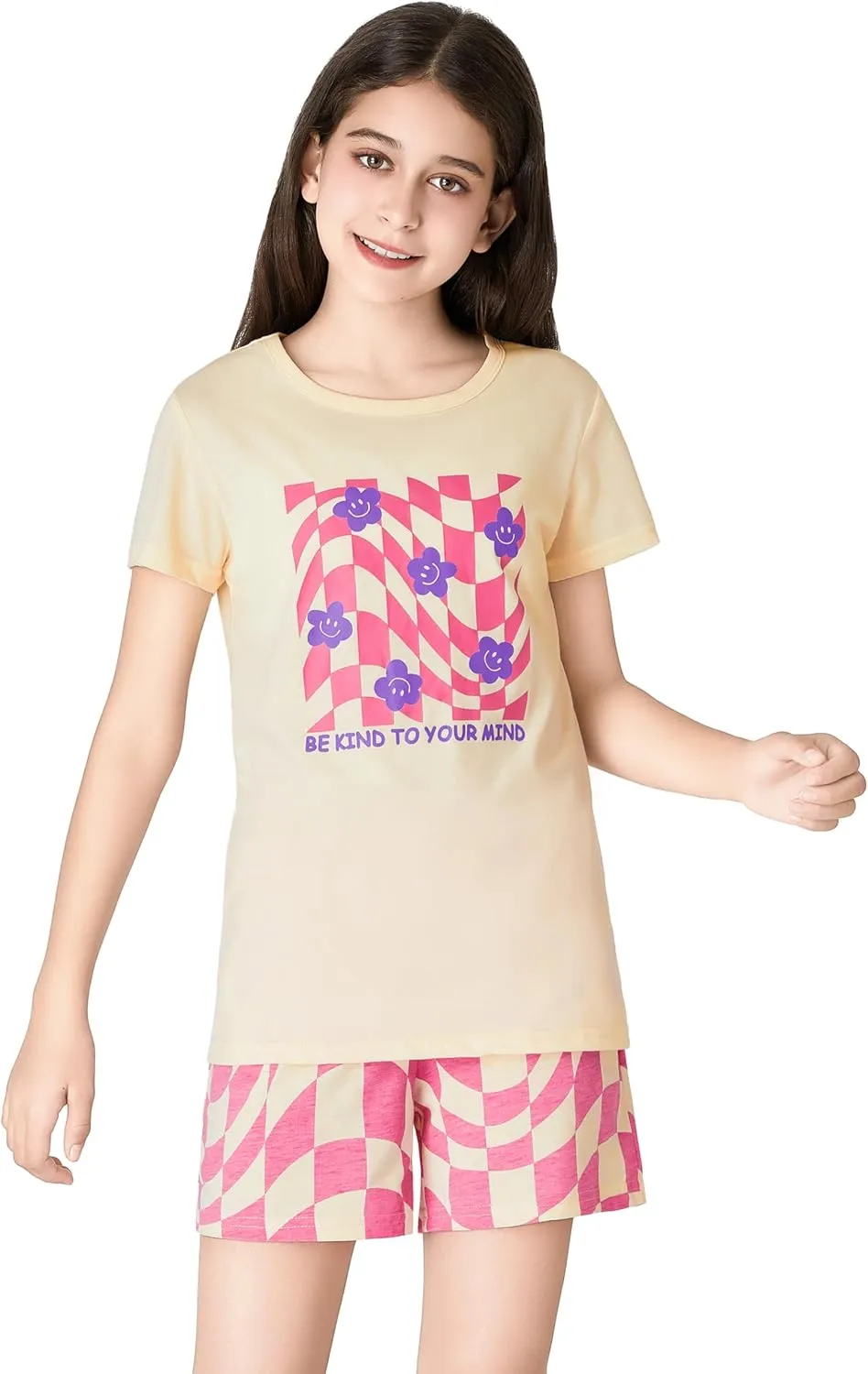 Beezizac Girls Cotton Sleepover Pajama Set for Little & Big Girls Short Sleeve Set 2-Piece PJ Size 4T-18