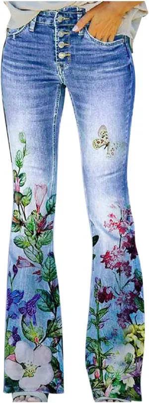 Bell Bottom Jeans Trendy High Waisted Stretchy Flare Jeans Casual Button Stretch Wide Leg Denim Pants