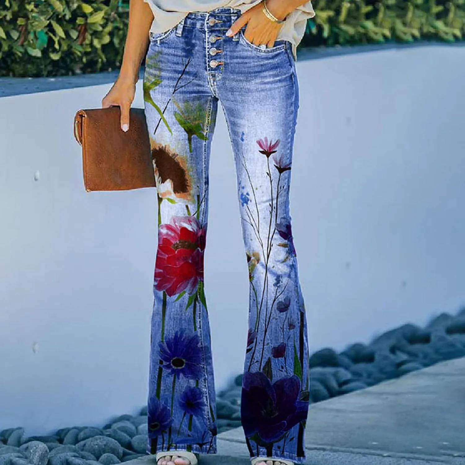 Bell Bottom Jeans Trendy High Waisted Stretchy Flare Jeans Casual Button Stretch Wide Leg Denim Pants