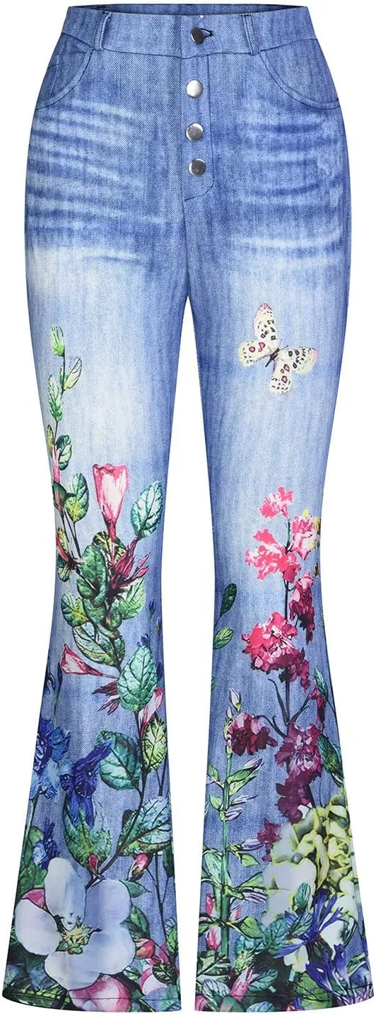 Bell Bottom Jeans Trendy High Waisted Stretchy Flare Jeans Casual Button Stretch Wide Leg Denim Pants