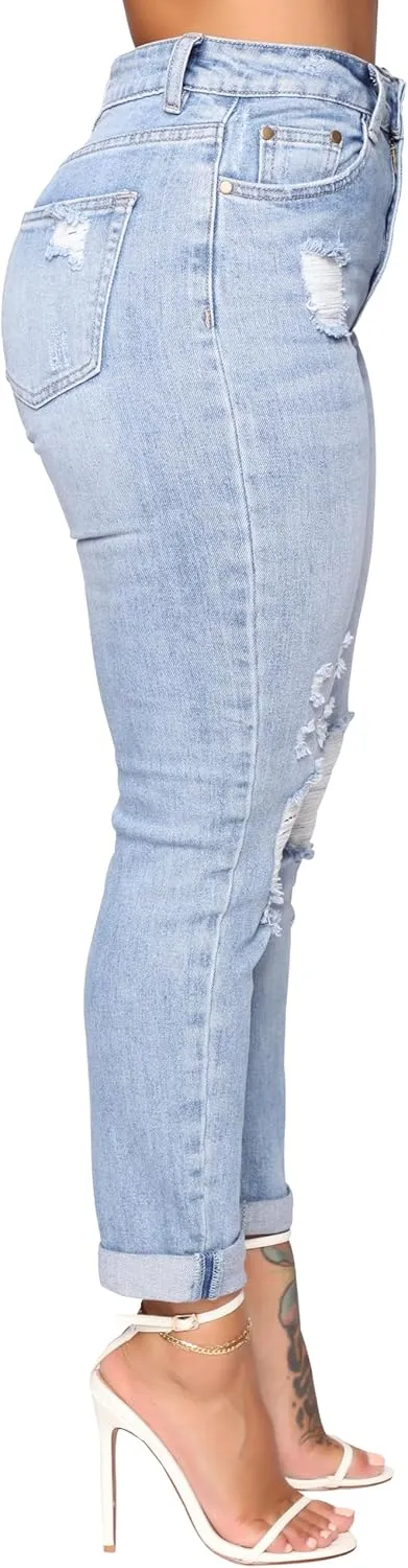 BessCops Women's Boyfriend Trendy Jeans Ripped High Waisted Straight Leg Loose Fit Distressed Zipper Fly Hole Denim