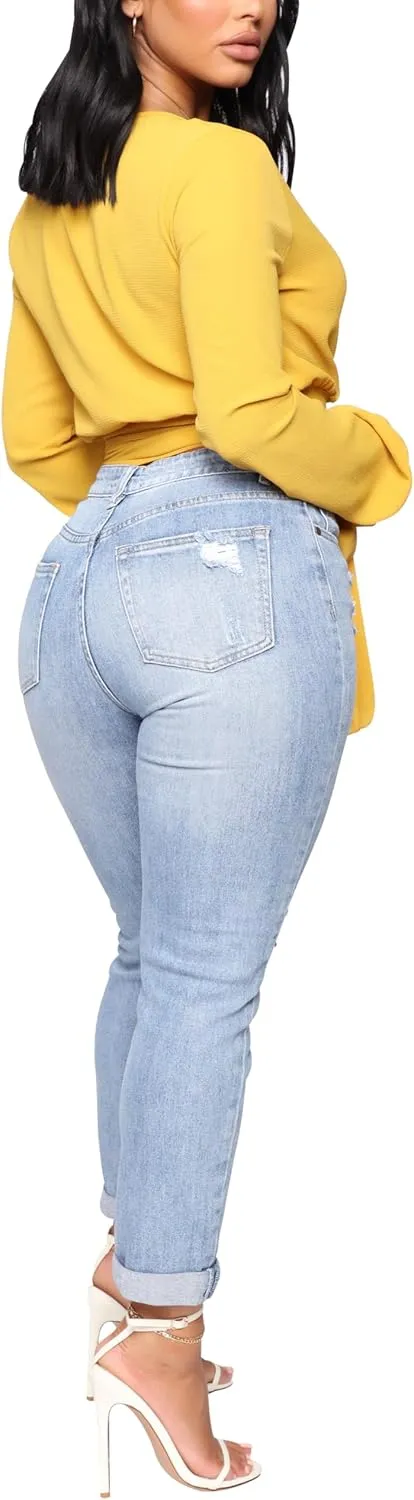 BessCops Women's Boyfriend Trendy Jeans Ripped High Waisted Straight Leg Loose Fit Distressed Zipper Fly Hole Denim