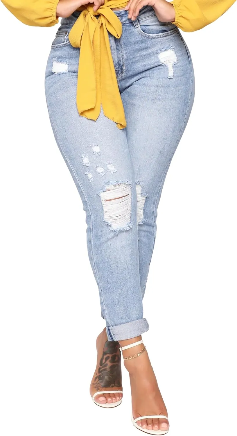 BessCops Women's Boyfriend Trendy Jeans Ripped High Waisted Straight Leg Loose Fit Distressed Zipper Fly Hole Denim