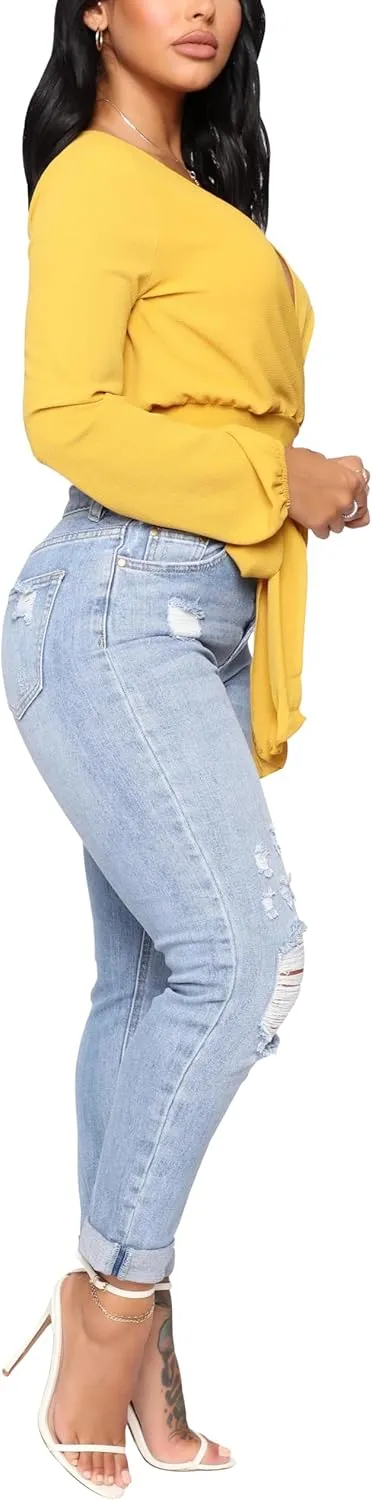 BessCops Women's Boyfriend Trendy Jeans Ripped High Waisted Straight Leg Loose Fit Distressed Zipper Fly Hole Denim
