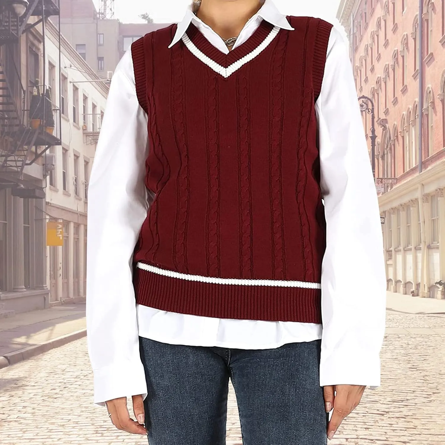 Blostirno Womens Sweater Vest V Neck JK Uniform Kint Vests Solid Classic Sleeveless Pullover Sweaters Tops