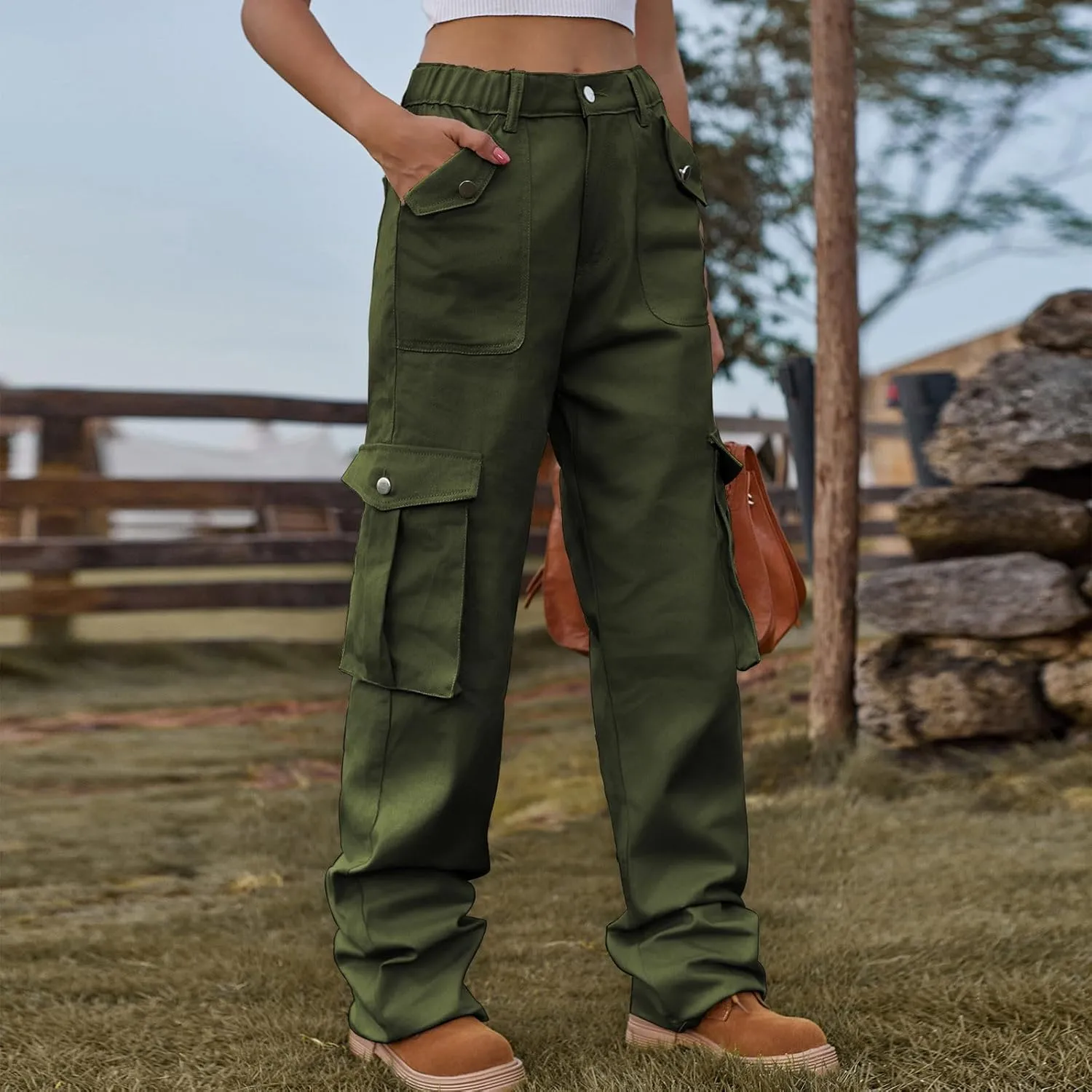 Bootcut Jeans for Women Mid Waist Cargo Bootleg Pant Loose Fit Straight Leg Denim Trouser Multi-pocket Wide Leg Jeans