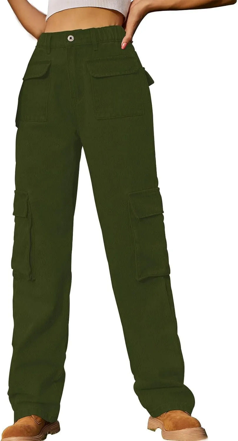 Bootcut Jeans for Women Mid Waist Cargo Bootleg Pant Loose Fit Straight Leg Denim Trouser Multi-pocket Wide Leg Jeans