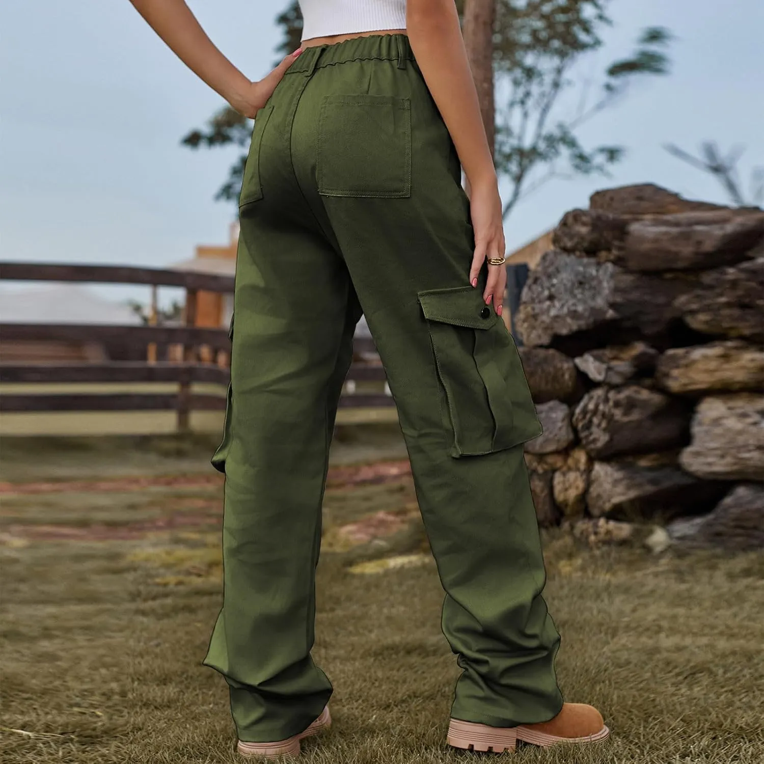 Bootcut Jeans for Women Mid Waist Cargo Bootleg Pant Loose Fit Straight Leg Denim Trouser Multi-pocket Wide Leg Jeans