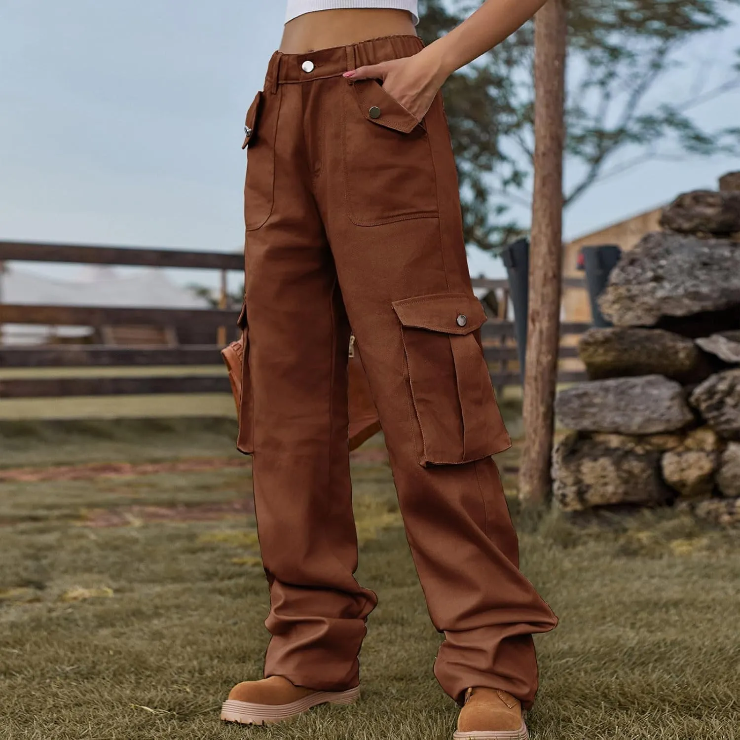 Bootcut Jeans for Women Mid Waist Cargo Bootleg Pant Loose Fit Straight Leg Denim Trouser Multi-pocket Wide Leg Jeans