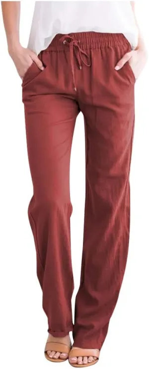 BZGTZT Loose Fit Elastic Waist Length Pants for Women Straight Wide Leg Comfy Drawstring Pant Work Trouser with Pockets