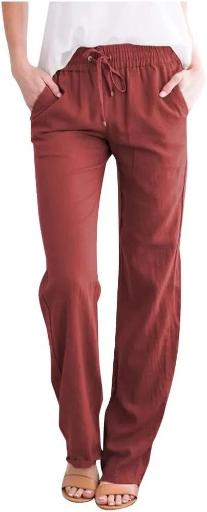 BZGTZT Loose Fit Elastic Waist Length Pants for Women Straight Wide Leg Comfy Drawstring Pant Work Trouser with Pockets