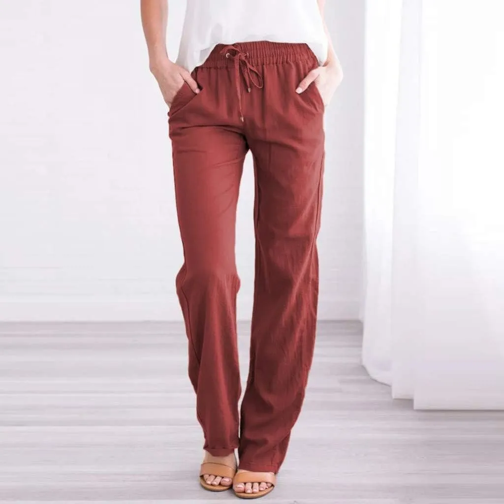 BZGTZT Loose Fit Elastic Waist Length Pants for Women Straight Wide Leg Comfy Drawstring Pant Work Trouser with Pockets