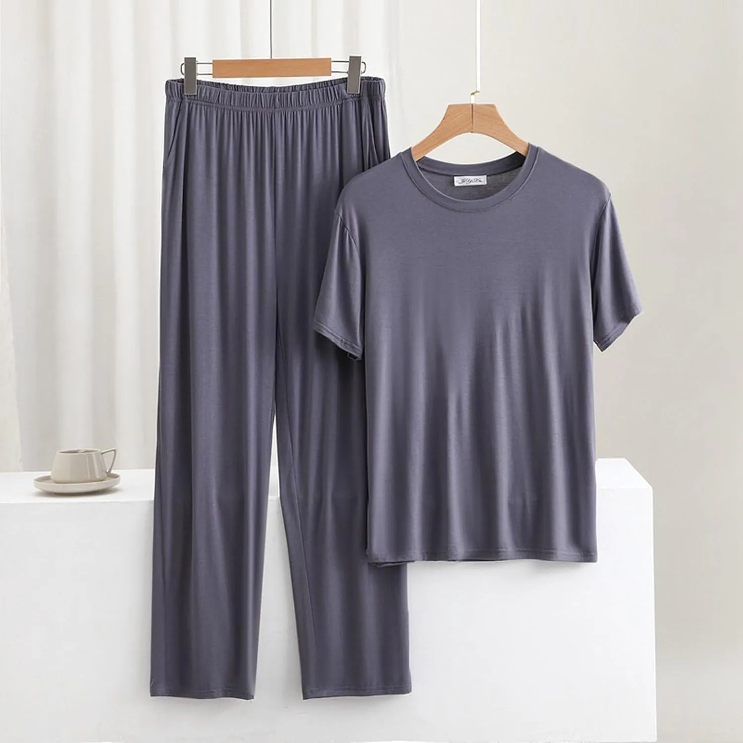 Cambkatl Men's Summer Pajamas Set Pullover Short Sleeve T-Shirt with Comfy Pants 2 Piece Lounge Sleepwear with Pockets