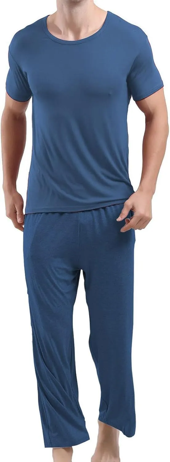 Cambkatl Men's Summer Pajamas Set Pullover Short Sleeve T-Shirt with Comfy Pants 2 Piece Lounge Sleepwear with Pockets