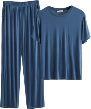 Cambkatl Men's Summer Pajamas Set Pullover Short Sleeve T-Shirt with Comfy Pants 2 Piece Lounge Sleepwear with Pockets