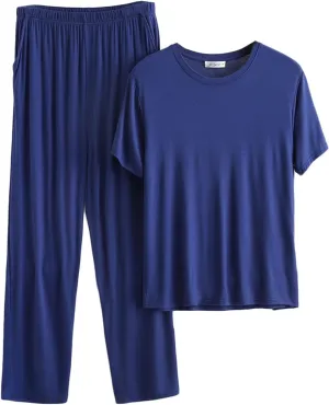 Cambkatl Men's Summer Pajamas Set Pullover Short Sleeve T-Shirt with Comfy Pants 2 Piece Lounge Sleepwear with Pockets