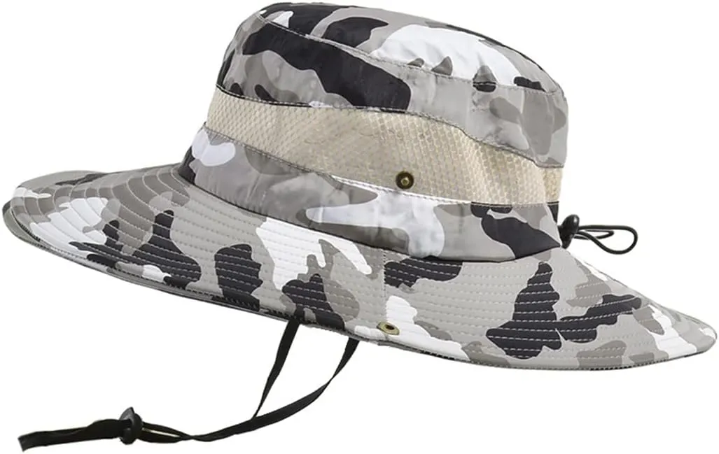 Camouflage Fishing Cap Breathable Mesh Wide Brim Sun Hat Outdoors UV Protection Bonnie Bucket Boonie Cap