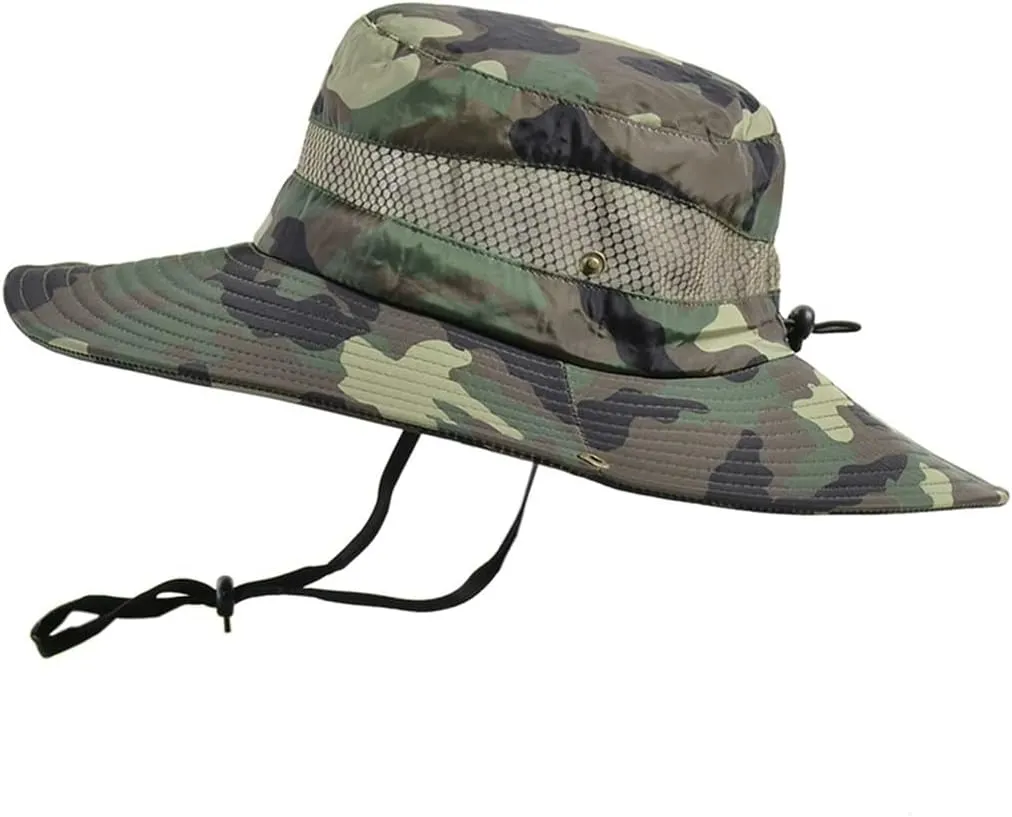Camouflage Fishing Cap Breathable Mesh Wide Brim Sun Hat Outdoors UV Protection Bonnie Bucket Boonie Cap