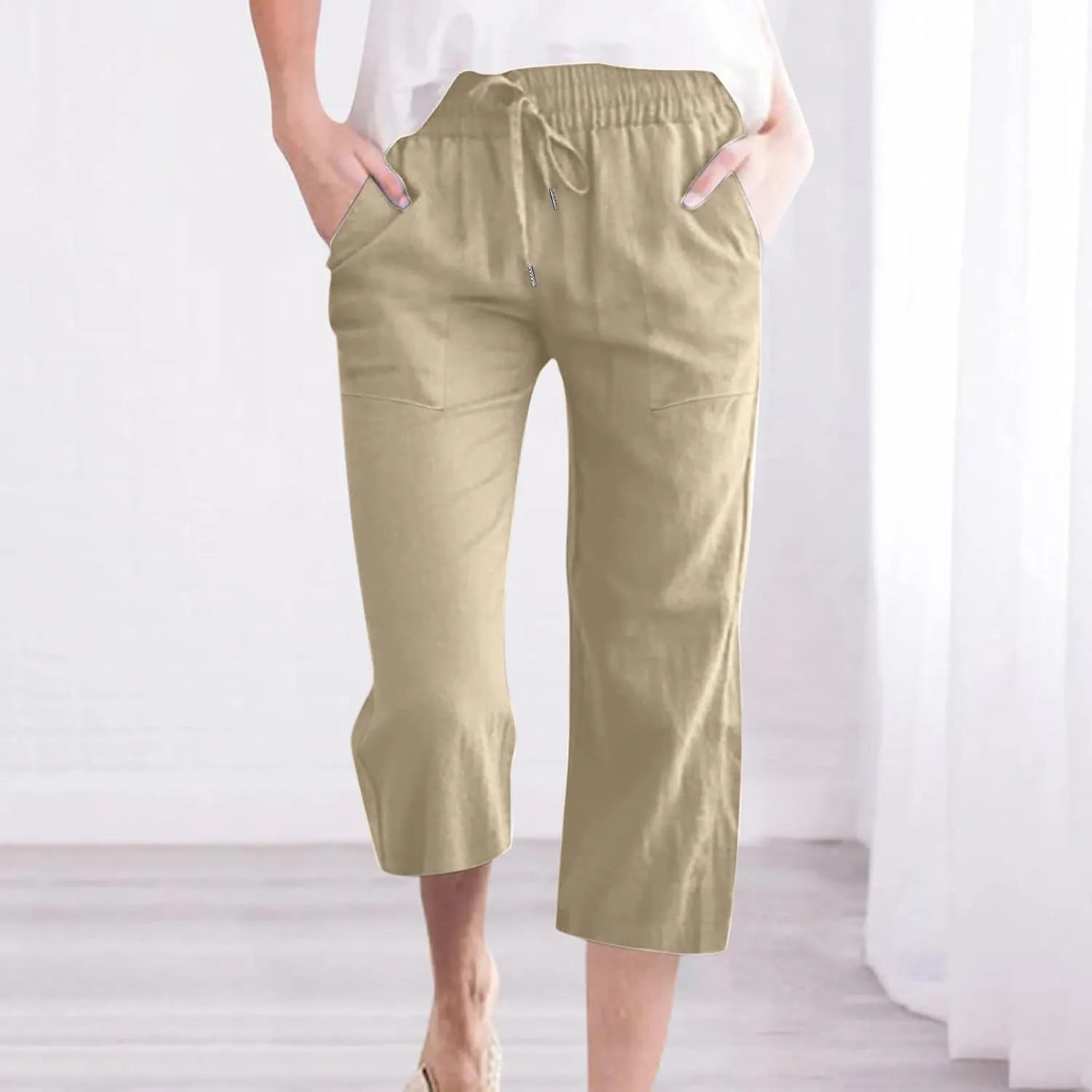 Capris Pants for Women 2024 Summer Casual Stretch Cotton Linen Capri Pant Drawstring Cropped High Waisted Trousers