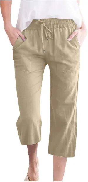 Capris Pants for Women 2024 Summer Casual Stretch Cotton Linen Capri Pant Drawstring Cropped High Waisted Trousers