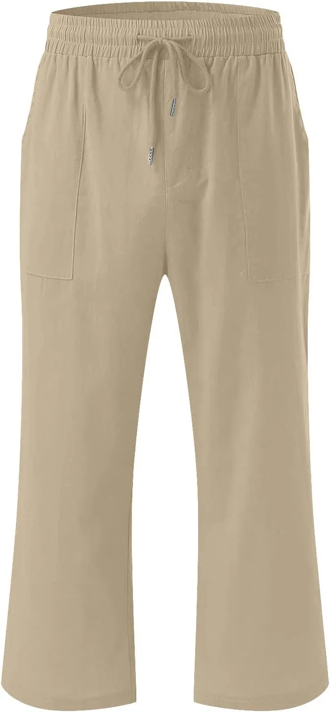 Capris Pants for Women 2024 Summer Casual Stretch Cotton Linen Capri Pant Drawstring Cropped High Waisted Trousers