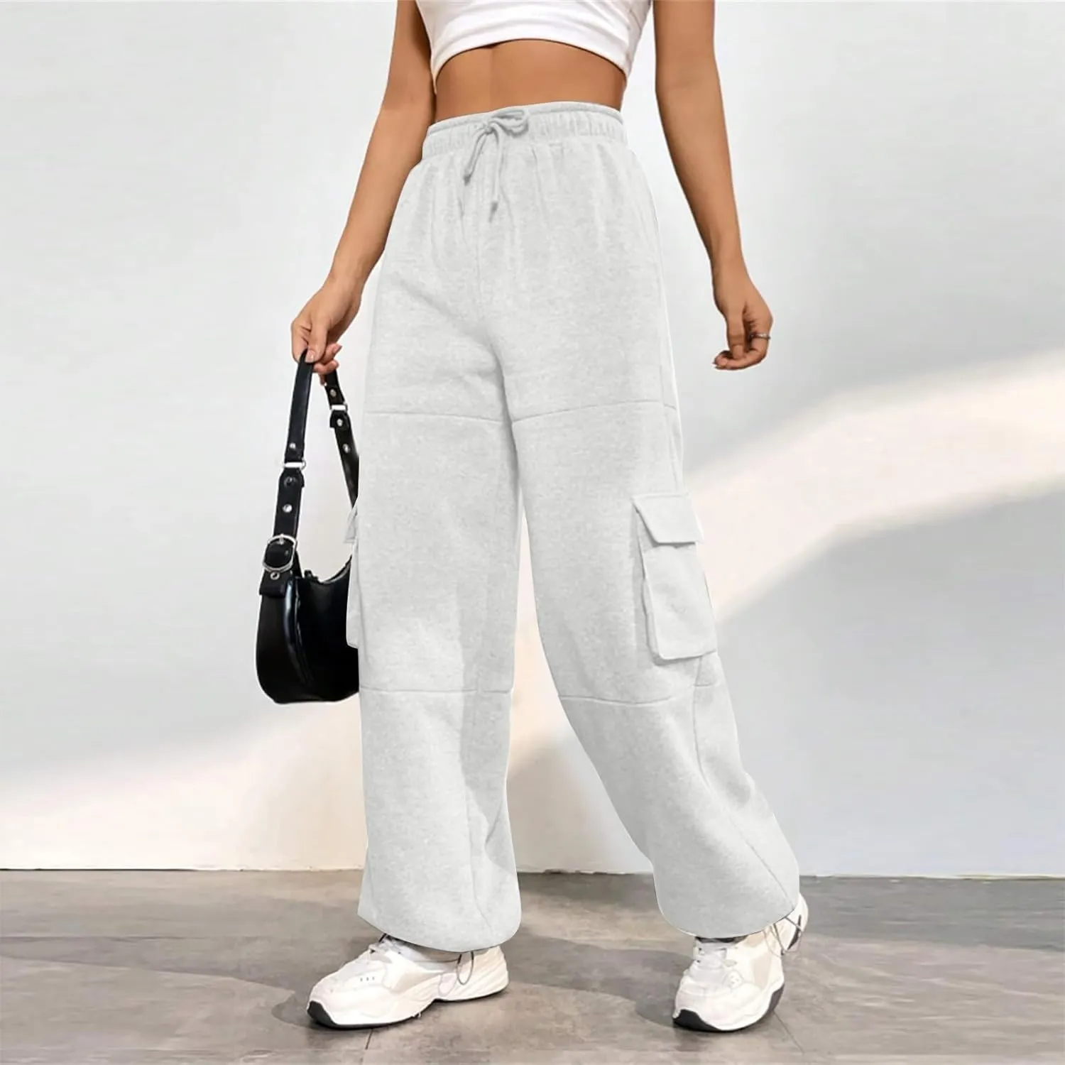 Cargo Joggers for Women Athletic High Waisted Fleece Sweatpants with Pockets Comfy Workout Elastic Waist Pants