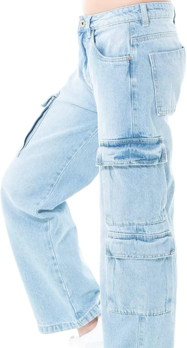 Cargo Pants for Girls - High Waist Wide Leg Baggy Jean for Teens Fashionable Loose Fitting Flap Pocket Denim