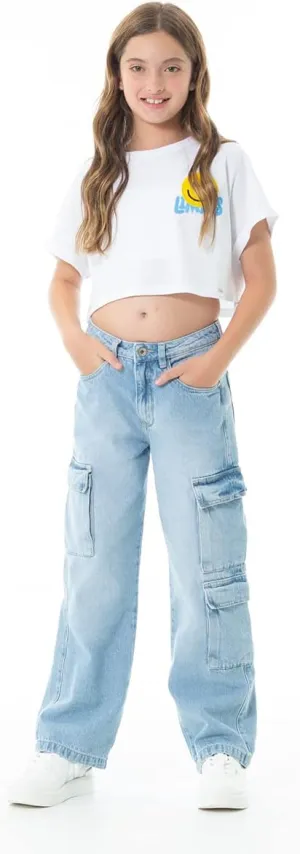 Cargo Pants for Girls - High Waist Wide Leg Baggy Jean for Teens Fashionable Loose Fitting Flap Pocket Denim