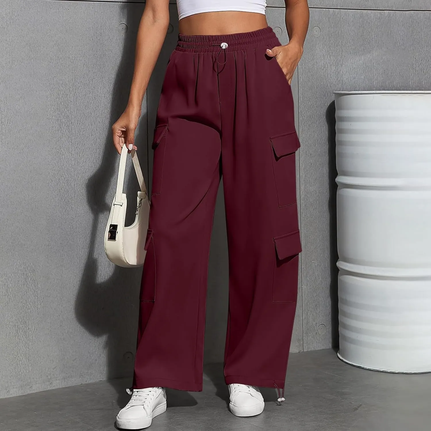 Cargo Sweatpants for Women Baggy Casual Drawstring High Waisted Parachute Pants Trendy Fleece Joggers with Pockets