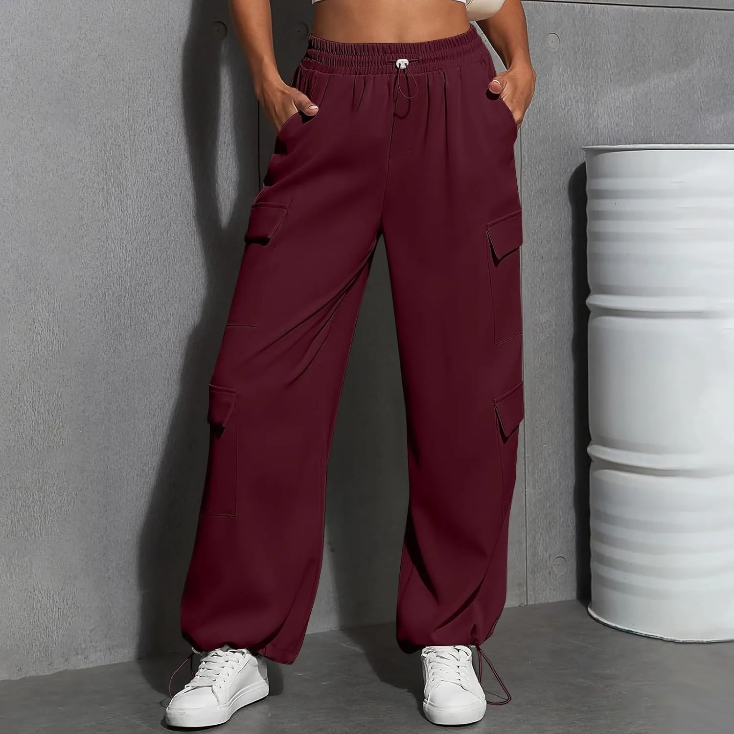 Cargo Sweatpants for Women Baggy Casual Drawstring High Waisted Parachute Pants Trendy Fleece Joggers with Pockets