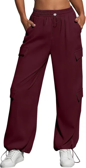 Cargo Sweatpants for Women Baggy Casual Drawstring High Waisted Parachute Pants Trendy Fleece Joggers with Pockets