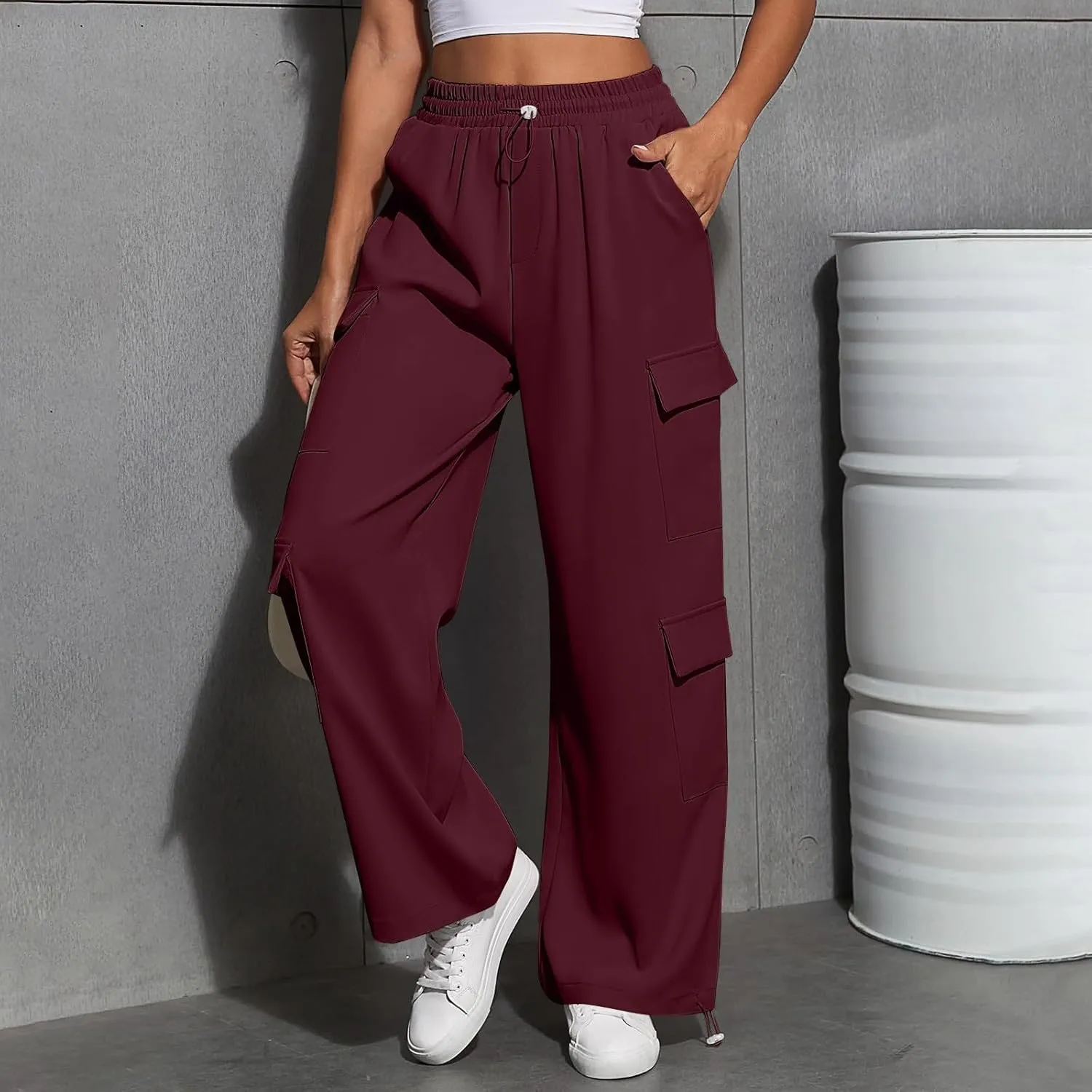 Cargo Sweatpants for Women Baggy Casual Drawstring High Waisted Parachute Pants Trendy Fleece Joggers with Pockets