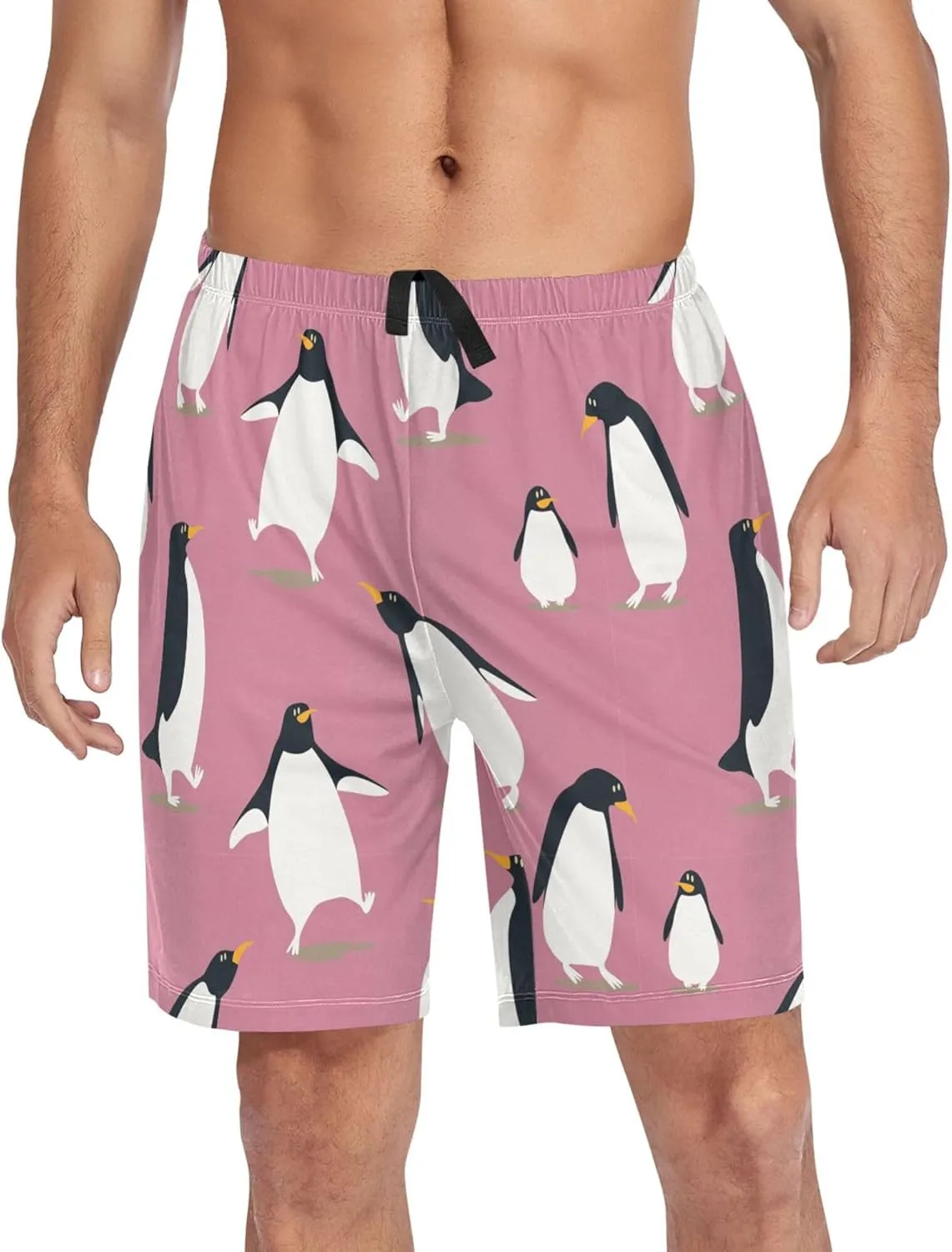 Cartoon Penguin On Pink Men's Pajama Pants Shorts Sleepwear Lounge Pajama Bottoms S-2XL