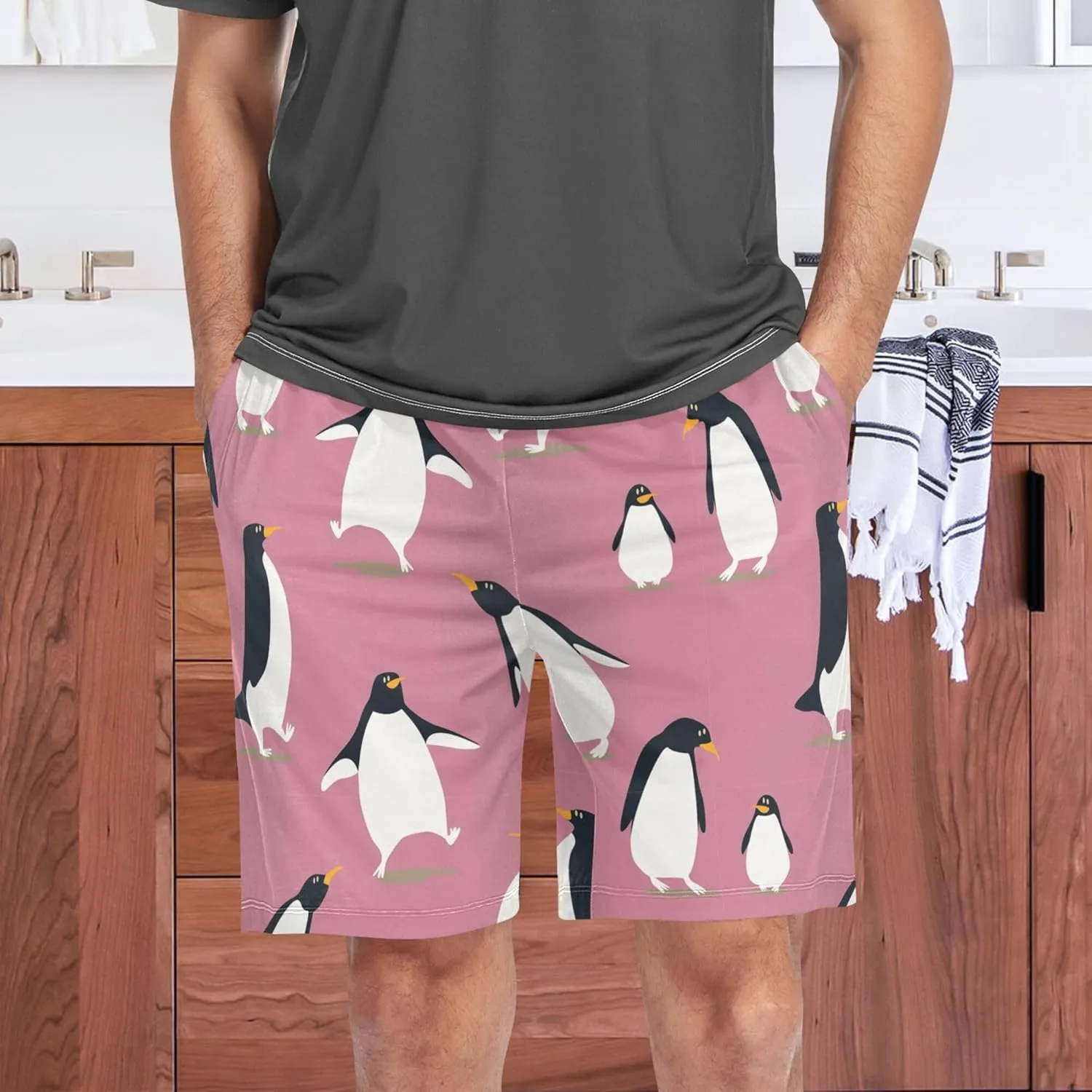 Cartoon Penguin On Pink Men's Pajama Pants Shorts Sleepwear Lounge Pajama Bottoms S-2XL