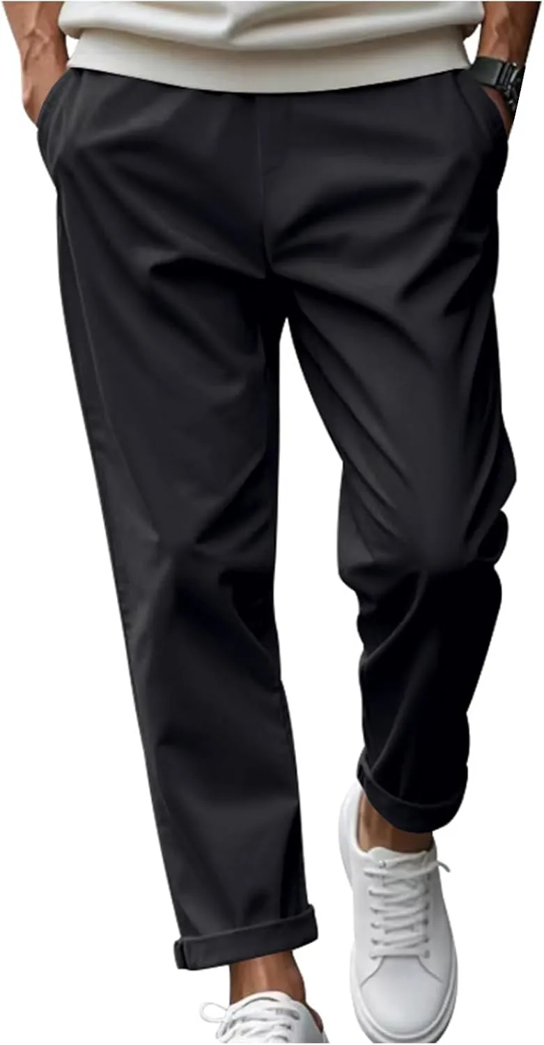 Casual Pants for Men Relaxed Fit Quick Dry Drawstring Straight Pants Baggy Work Office Business Trousers with Pockets