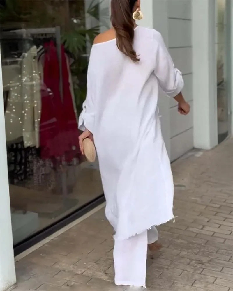 CHICME Women 2 Piece Outfits Cold Shoulder Long Sleeve Top Wide Leg Pants Linen Matching Lounge Set