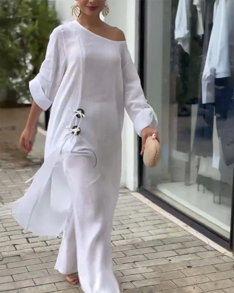 CHICME Women 2 Piece Outfits Cold Shoulder Long Sleeve Top Wide Leg Pants Linen Matching Lounge Set