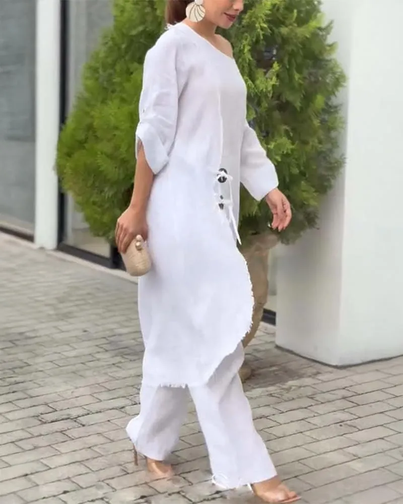 CHICME Women 2 Piece Outfits Cold Shoulder Long Sleeve Top Wide Leg Pants Linen Matching Lounge Set