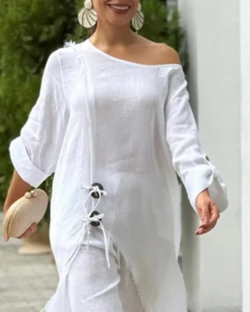 CHICME Women 2 Piece Outfits Cold Shoulder Long Sleeve Top Wide Leg Pants Linen Matching Lounge Set