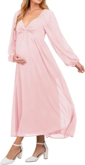 Chiffon V Neck Maternity Dresses for Baby Shower Long Puffy Sleeve Fall Pregnancy Photoshoot Dress for Women